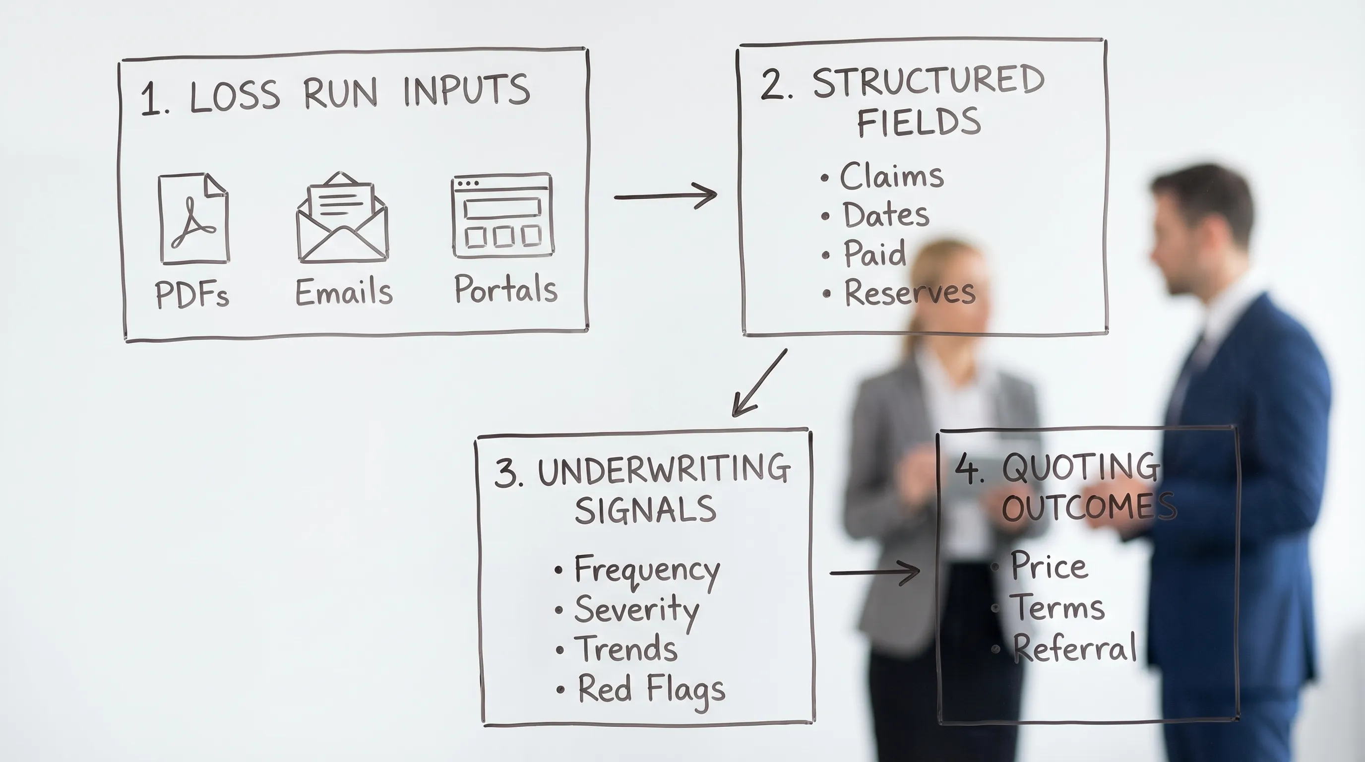 A simple four-box diagram showing loss run inputs (PDFs, emails, portals), structured fields (claims, dates, paid, reserves), underwriting signals (frequency, severity, trends, red flags), and quoting outcomes (price, terms, referral).