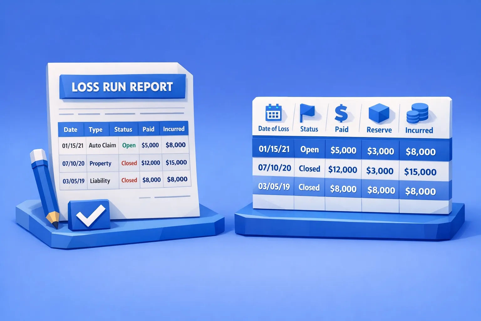 A simplified example of an insurance loss run document on the left and a clean, structured dataset view on the right, highlighting fields like date of loss, status, paid, reserve, and incurred.