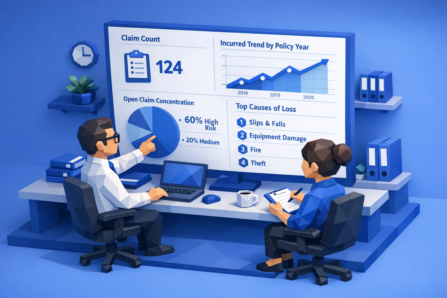 An underwriter and operations analyst reviewing a clean dashboard of loss run metrics such as claim count, incurred trend by policy year, open claim concentration, and top causes of loss.