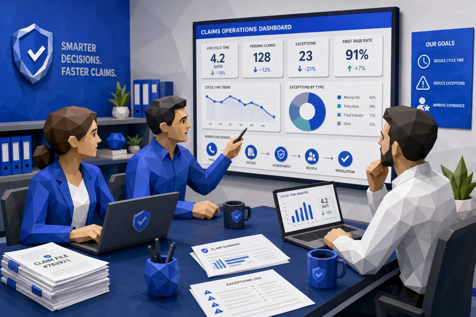 Underwriting and claims operations team reviewing workflow metrics together in an insurance office, with printed claim documents and laptops open facing the right direction, discussing how to reduce cycle time and exceptions.