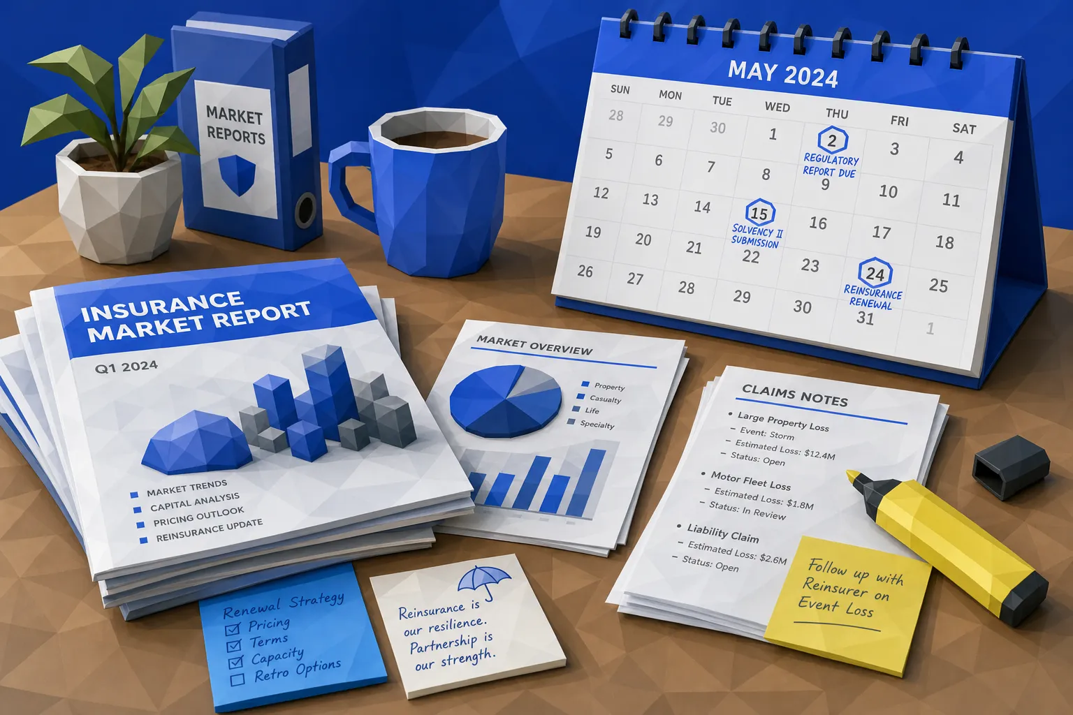 A desk covered with printed insurance market reports, claims notes, a highlighter, coffee, and a calendar marked with regulatory and reinsurance dates.