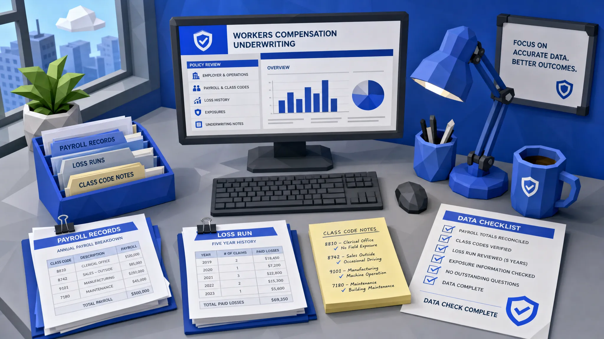 A workers compensation underwriting workspace with organized payroll records, loss run documents, class code notes, and a printed checklist showing completed data checks.
