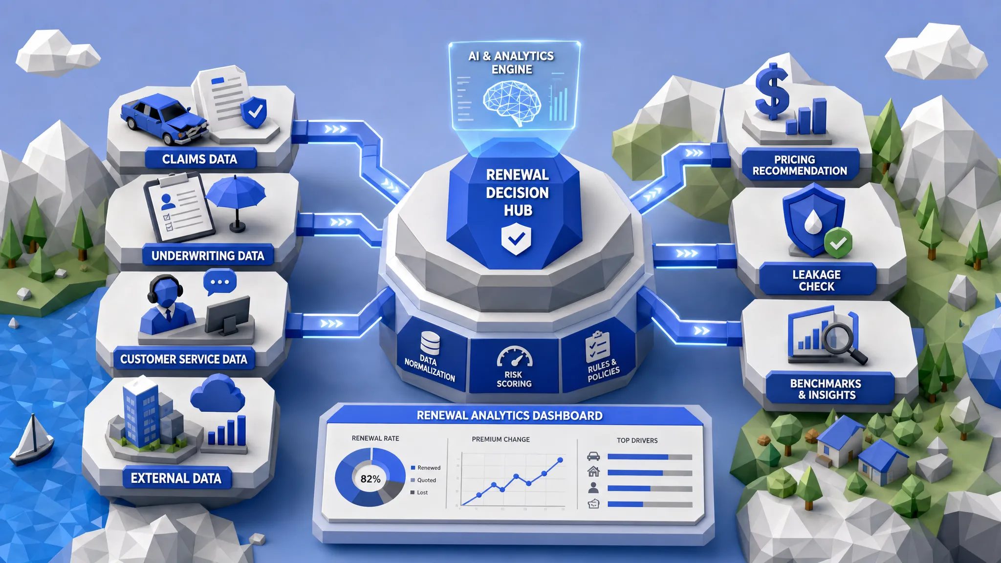 Conceptual illustration of insurance renewal analytics, with claims, underwriting, customer service, and external data streams flowing into a central decision hub for pricing, leakage checks, and benchmarks.