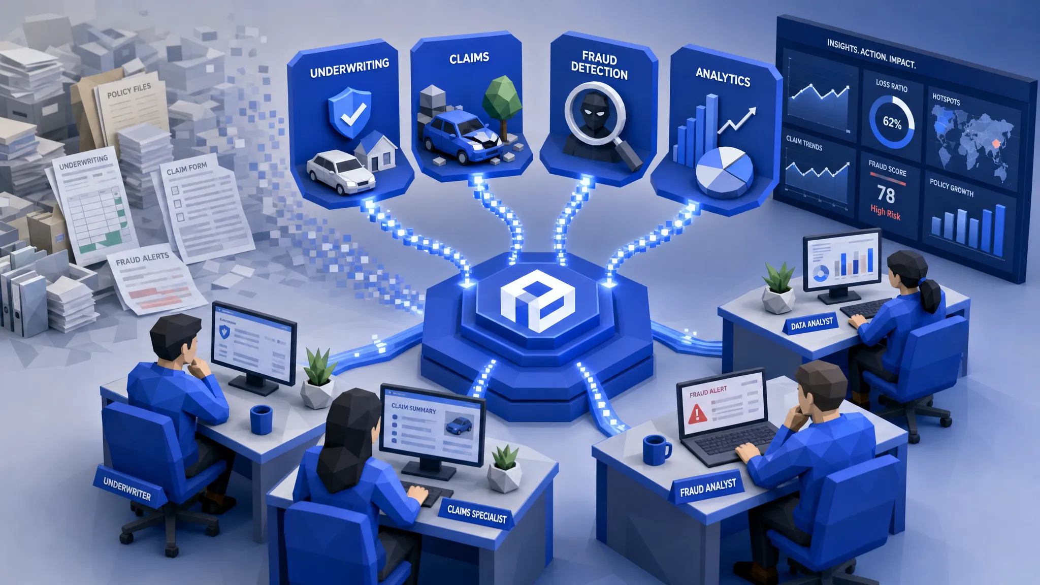 A P&C insurance operations team reviewing underwriting, claims, fraud, and analytics information flowing into one connected data hub, with paper files and spreadsheets fading into the background.