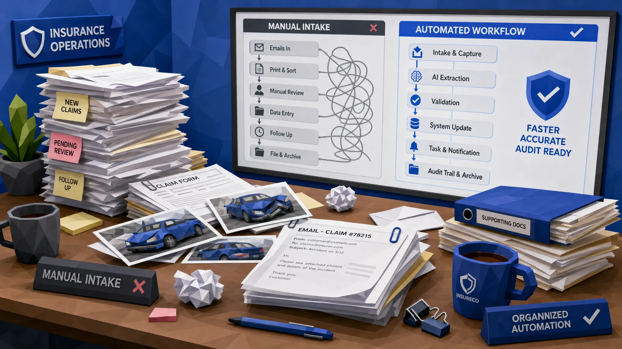 A cluttered insurance operations desk with stacks of claims documents, vehicle photos, emails printed on paper, and a clean digital workflow board in the background showing the contrast between manual intake and organized automation.