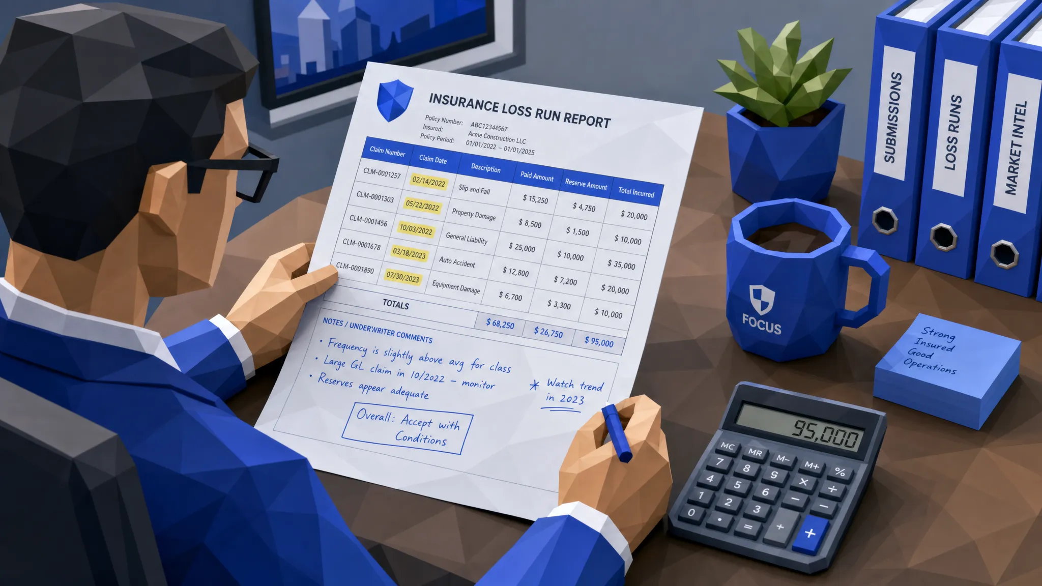 An underwriter reviewing a printed insurance loss run report with highlighted claim dates, paid amounts, reserves, and handwritten notes on a desk beside a calculator and coffee mug.