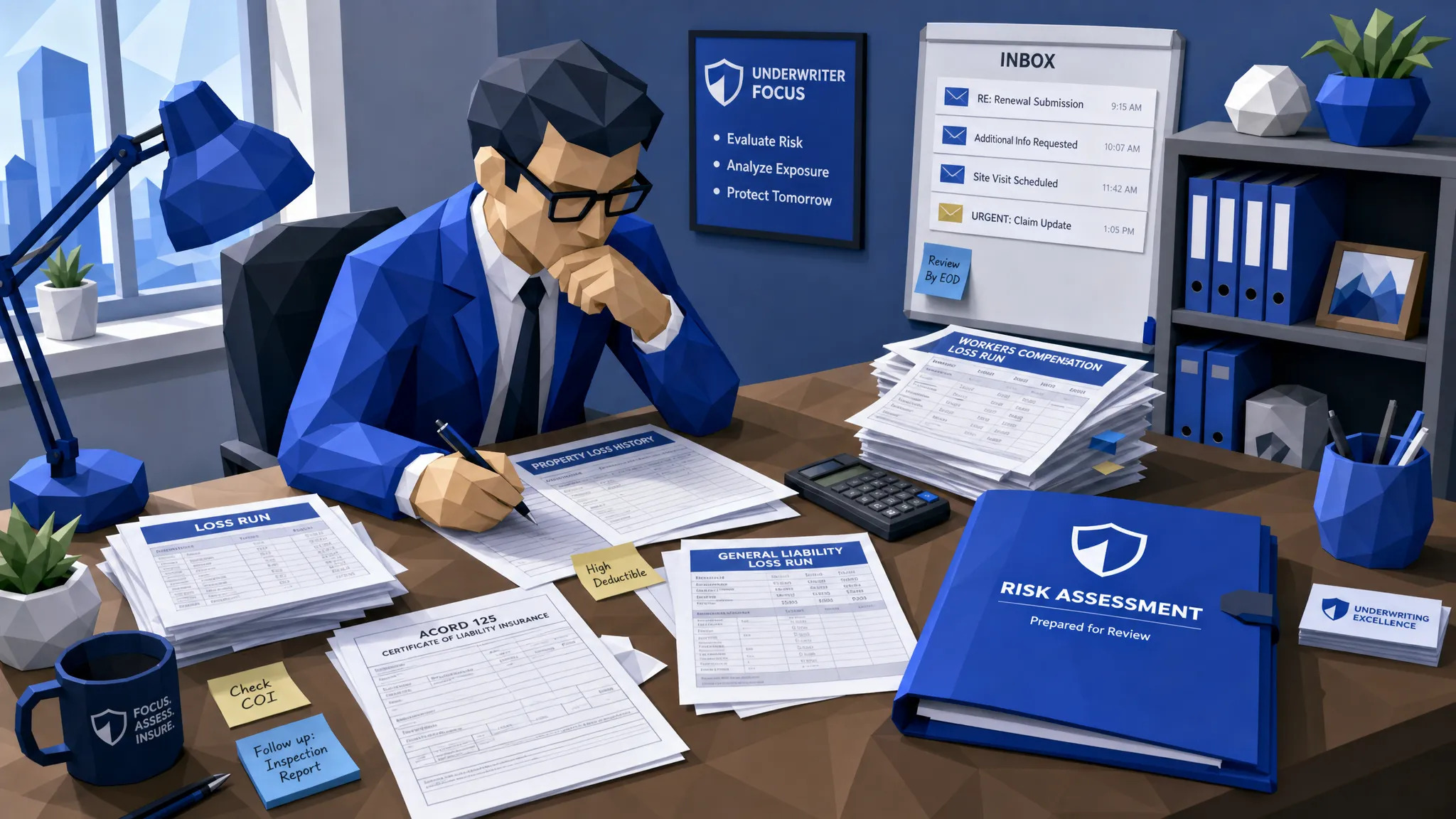 A commercial insurance underwriter reviewing a cluttered desk with printed forms, loss run documents, spreadsheets, and email notes, while a clean risk assessment folder sits ready to be opened nearby.