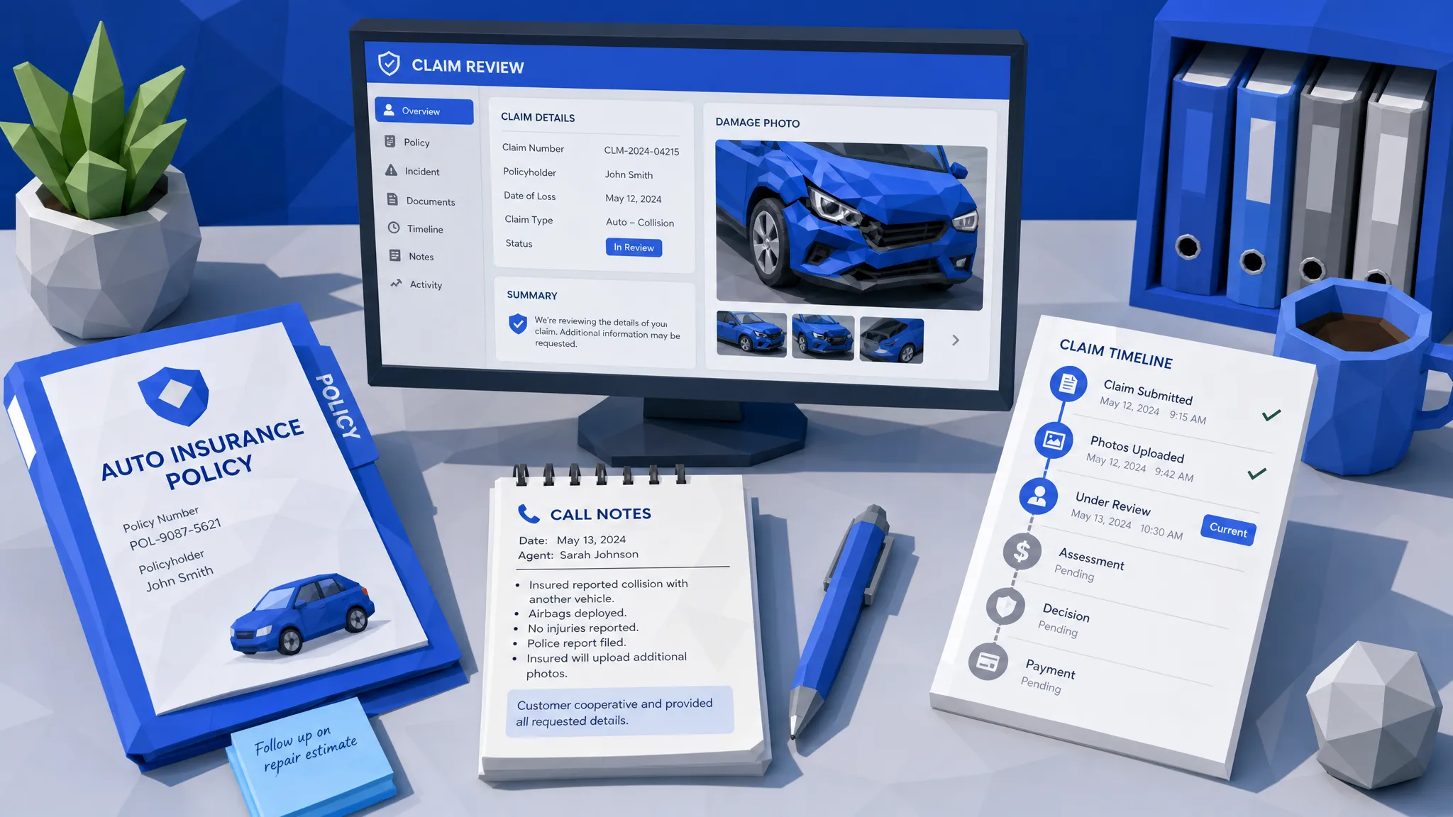 An insurance claims review station with a vehicle damage photo, policy folder, call notes, and a claim timeline arranged together to show connected context across the claims process.