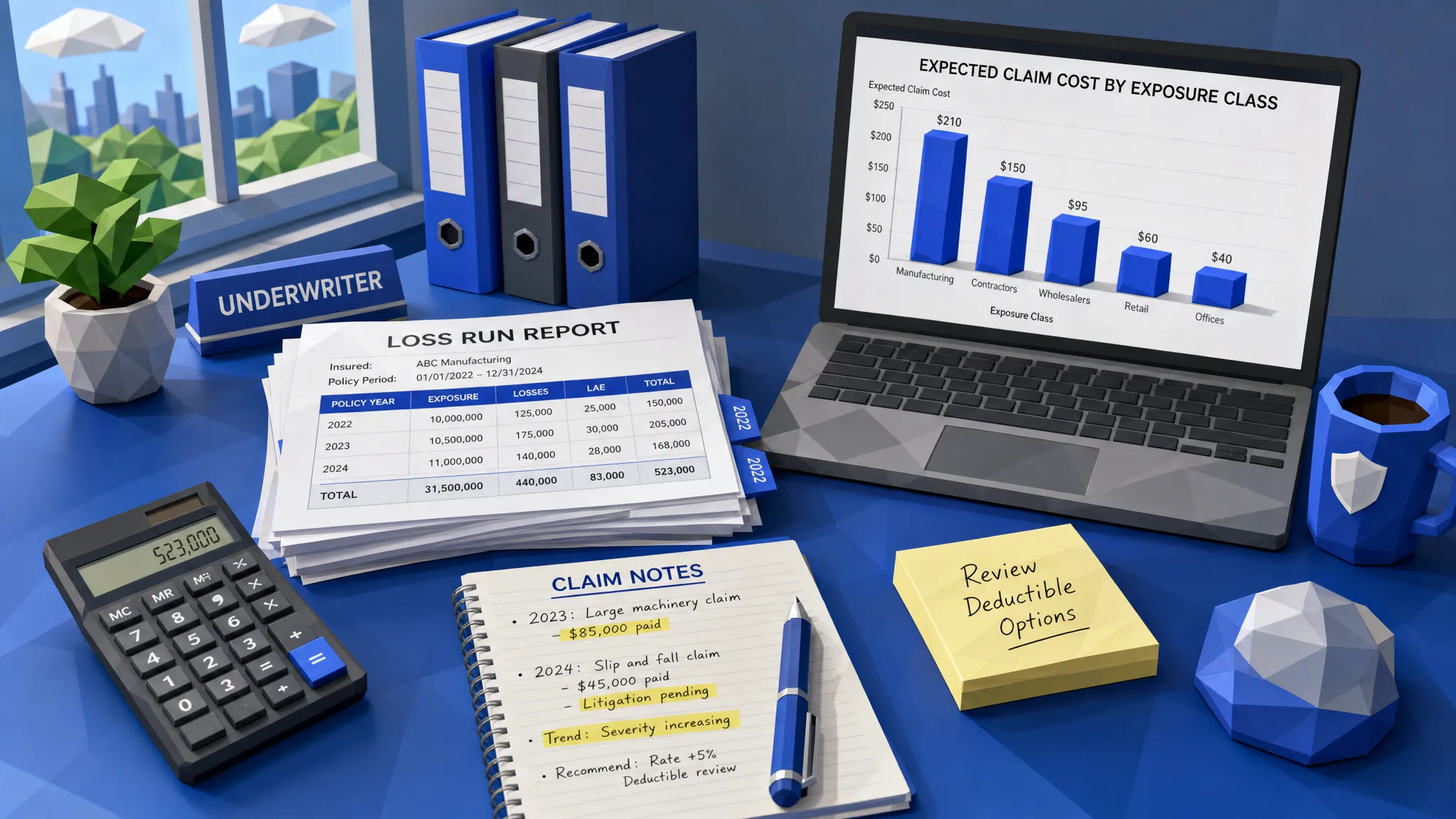 An underwriting desk with loss run reports, a calculator, highlighted claim notes, and a simple chart showing expected claim cost by exposure class.