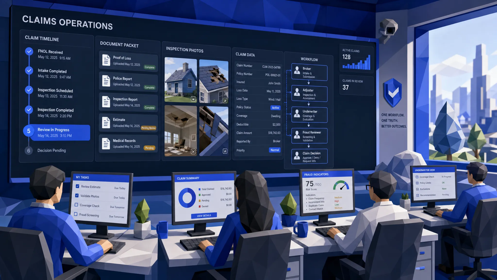 A commercial claims operations room with a shared workflow wall showing a claim timeline, document packets, inspection photos, and structured data fields connecting brokers, adjusters, underwriters, and fraud reviewers.