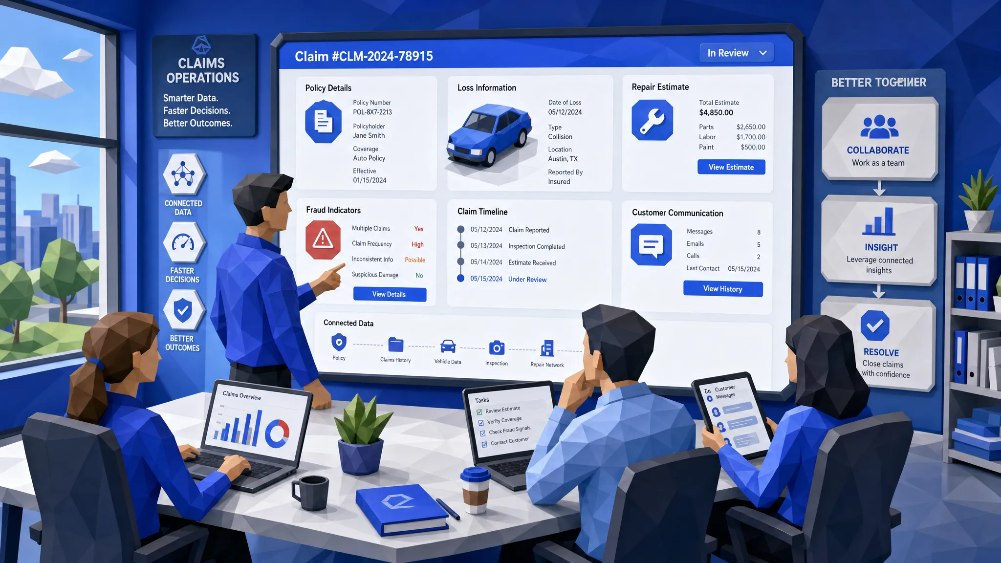 A claims operations team reviewing a shared view of policy details, loss information, repair estimates, fraud indicators, and customer communication history, showing connected insurance data supporting faster claim decisions.