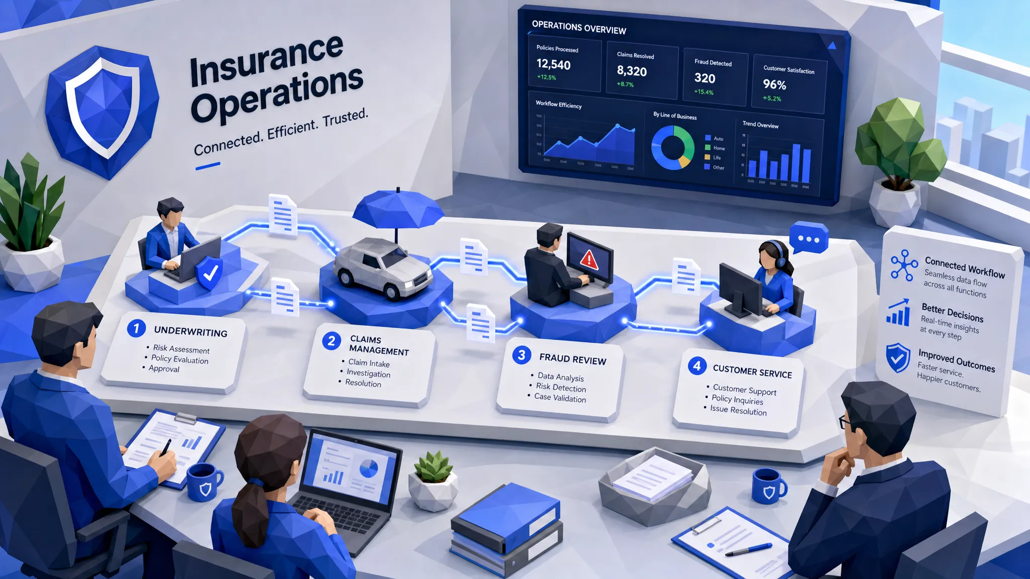 Insurance operations team reviewing a connected workflow map across underwriting, claims, fraud review, and customer service, with documents and data points moving cleanly between each stage.