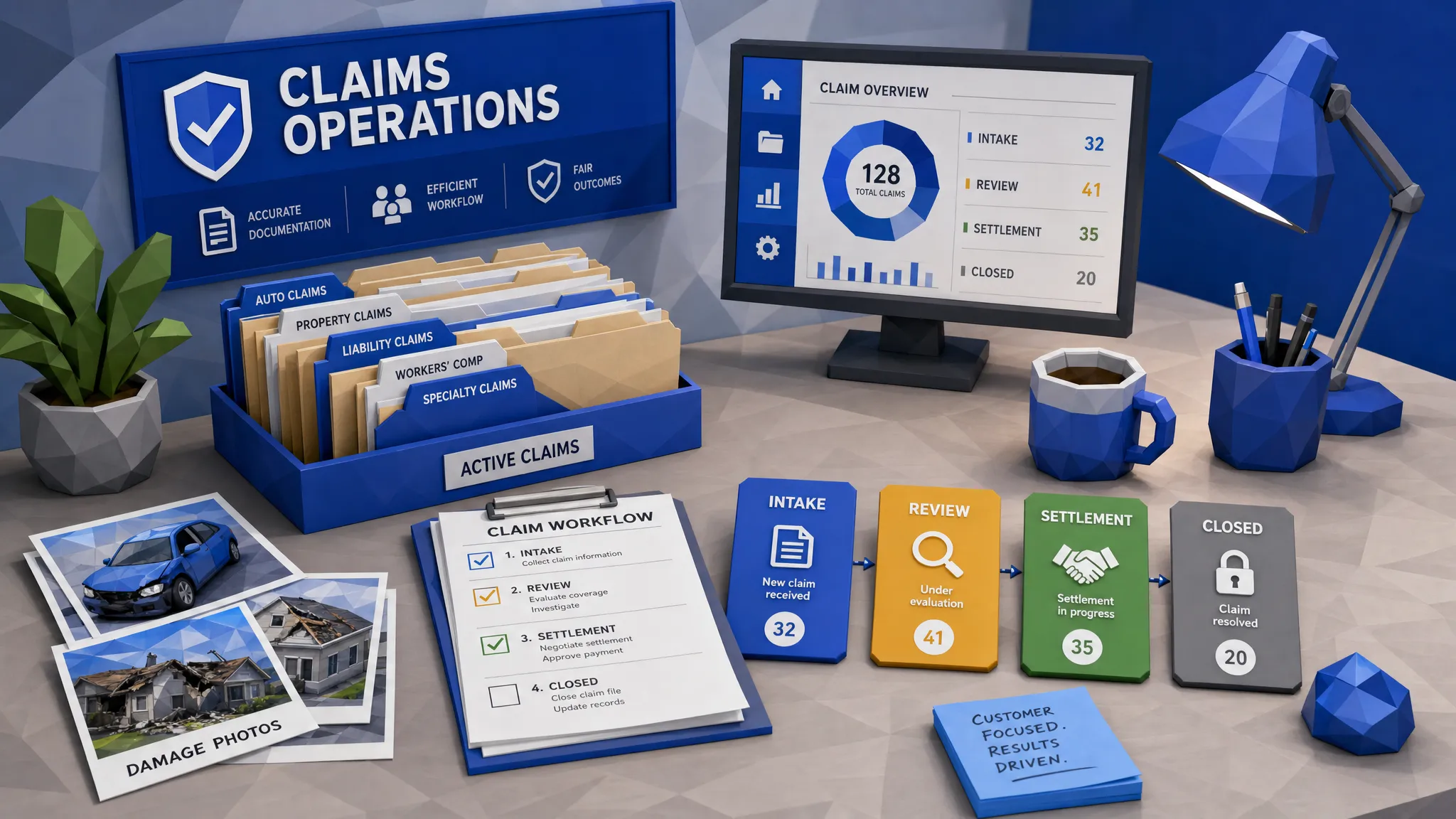 A claims operations workspace with organized claim folders, printed damage photos, a simple workflow checklist, and color-coded status cards showing intake, review, settlement, and closed stages.