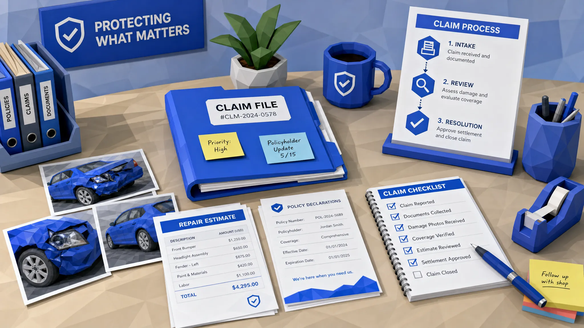 An organized insurance claims desk with a neatly arranged claim folder, printed damage photos, a repair estimate, policy documents, sticky notes, and a checklist showing the path from intake to review to resolution.