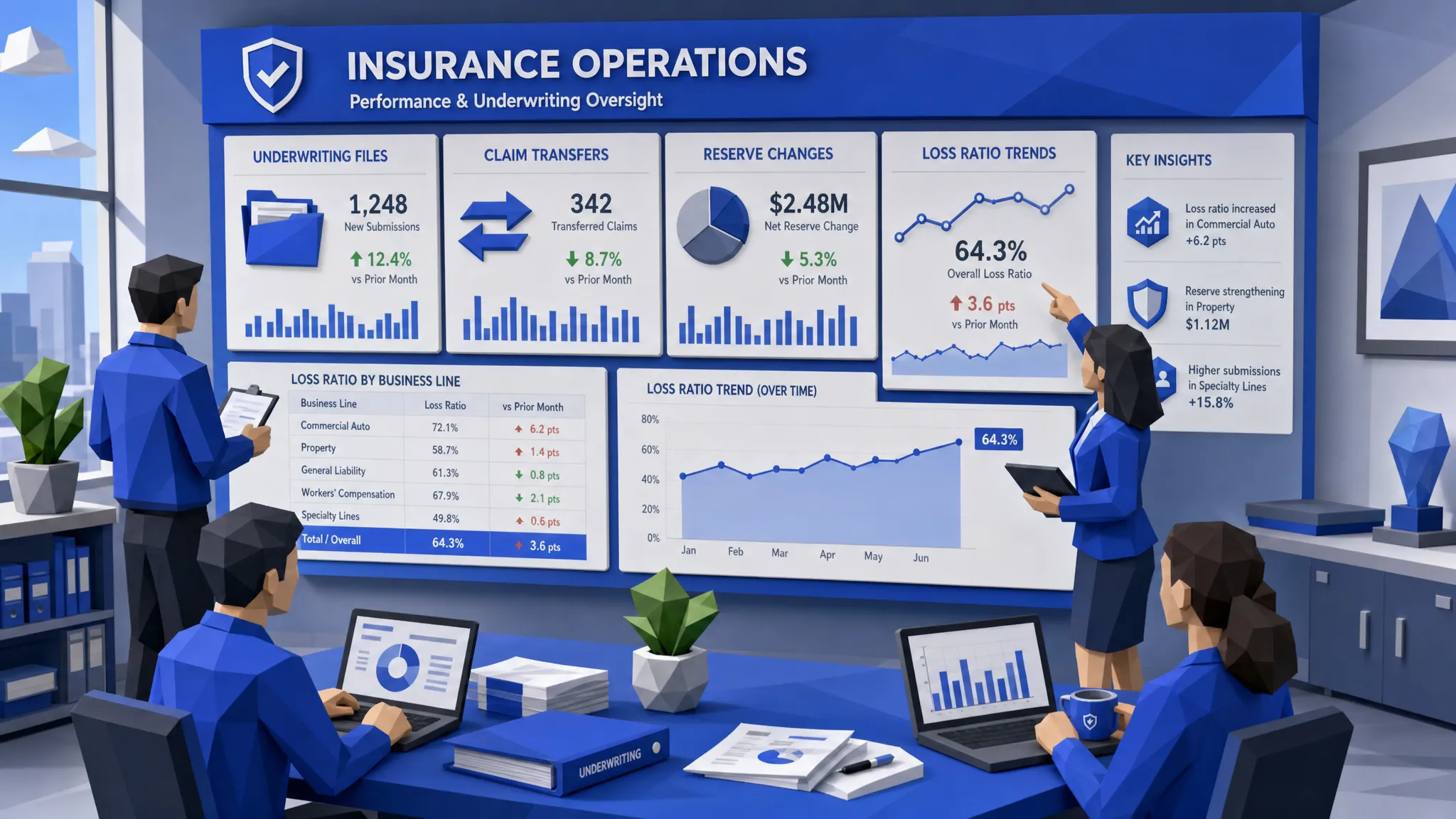 Un equipo de operaciones de seguros revisando un panel mural con archivos de suscripción, traspasos de siniestros, cambios de reservas y tendencias de loss ratio en varios segmentos de negocio.