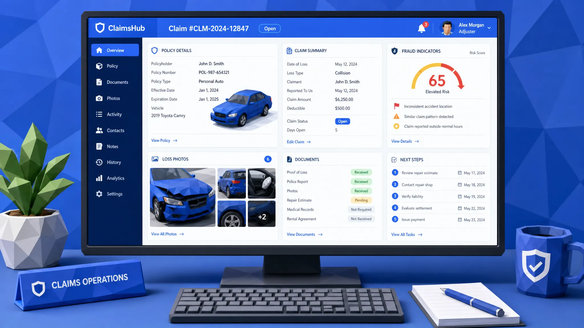 A claims operations workspace showing a connected view of an insurance claim, with policy details, loss photos, document status, fraud indicators, and next-step tasks arranged clearly on one correctly oriented screen, with the screen facing the camera and no content shown behind it.