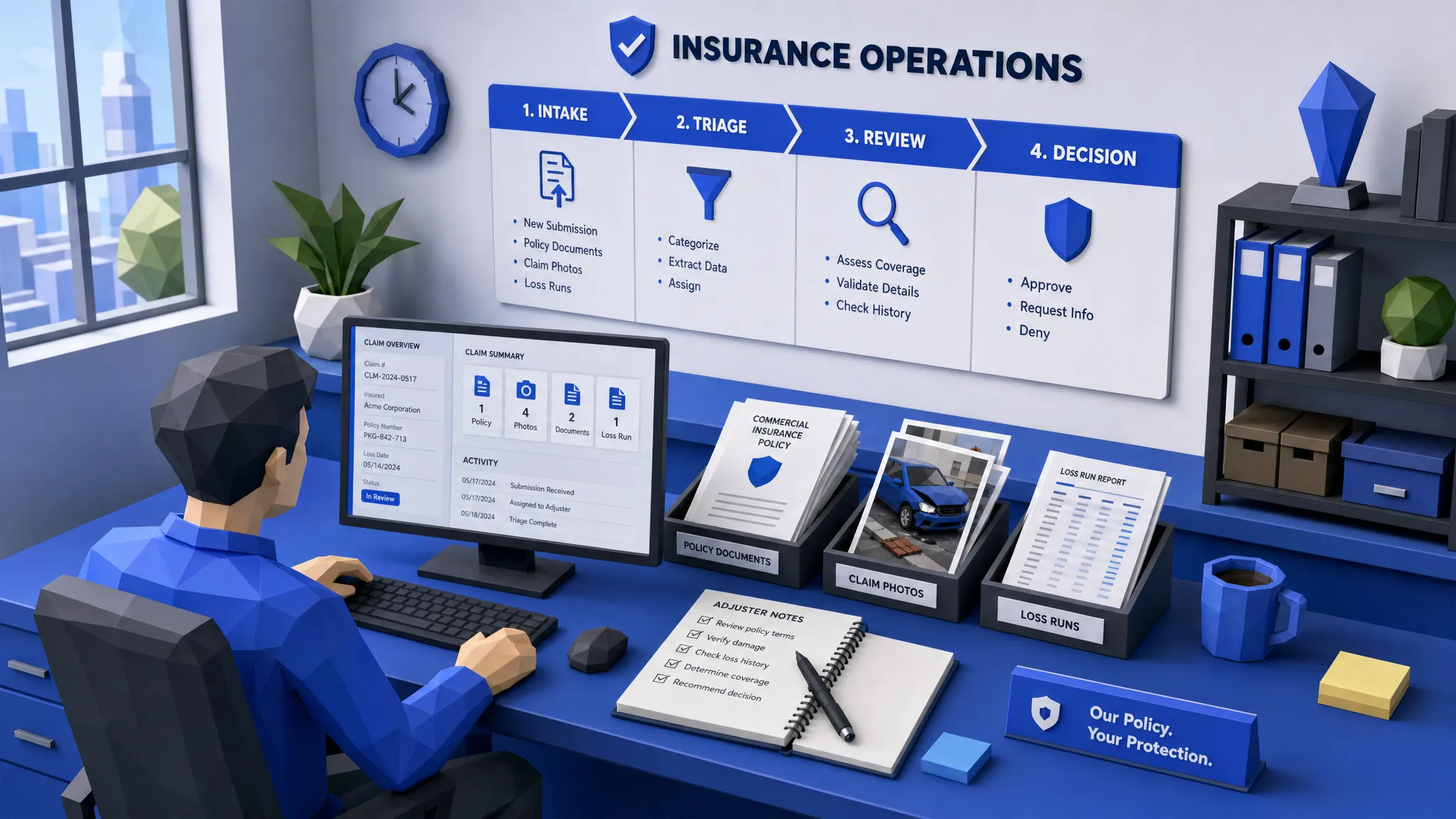 An insurance operations workspace showing policy documents, claim photos, loss runs, and a simple workflow board with stages for intake, triage, review, and decision.