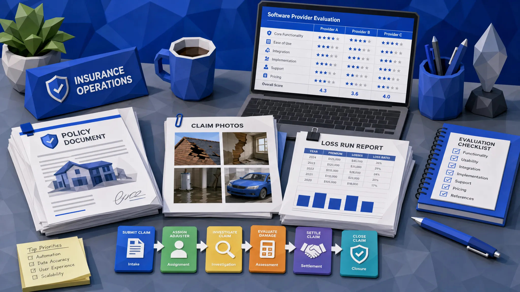 An insurance operations desk with policy documents, claim photos, loss run reports, colored workflow cards, and a coffee cup arranged for evaluating software providers.