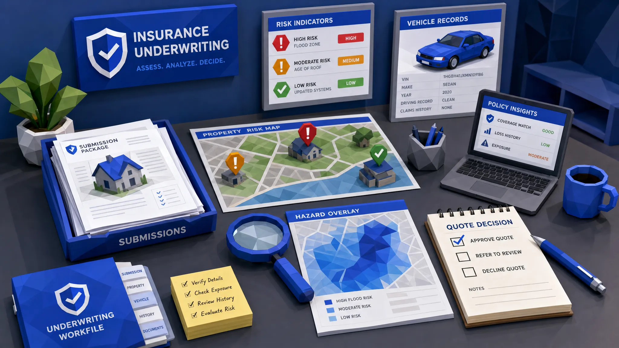 An organized insurance underwriting workspace with submission documents, property maps, vehicle records, highlighted risk indicators, and a notepad showing quote decision options.