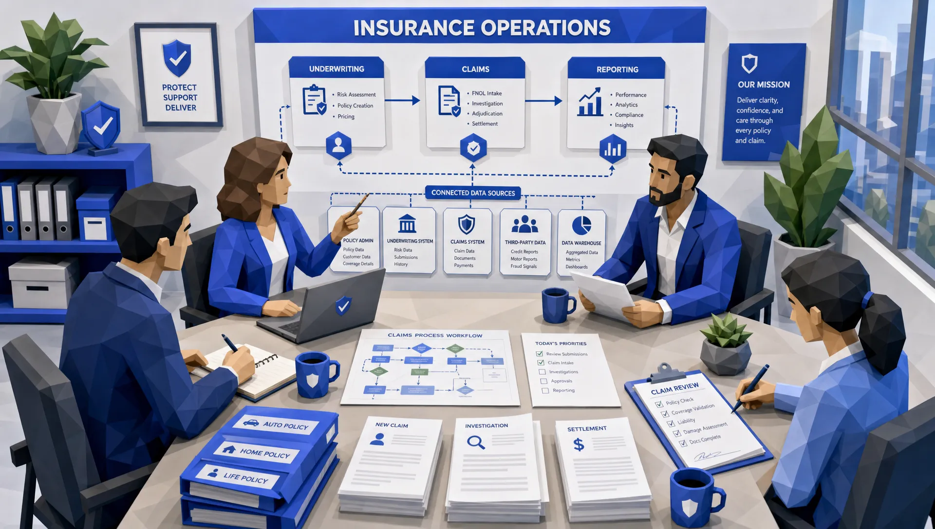 An insurance operations team gathered around a table with organized policy files, claims documents, workflow maps, and connected data source cards showing underwriting, claims, and reporting processes working together.