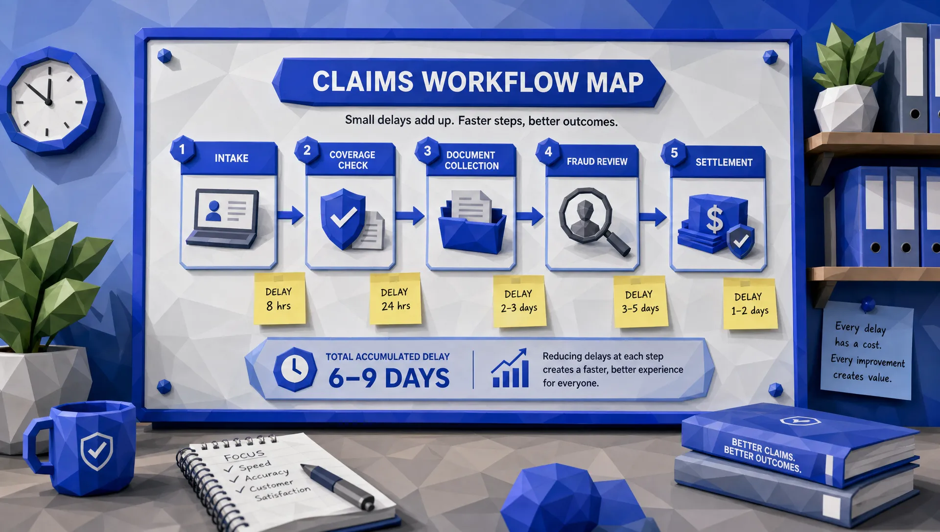 A claims workflow map on a wall board showing five stages: intake, coverage check, document collection, fraud review, and settlement. Sticky notes mark delays between each stage, showing how small waiting points add up across the claim journey.