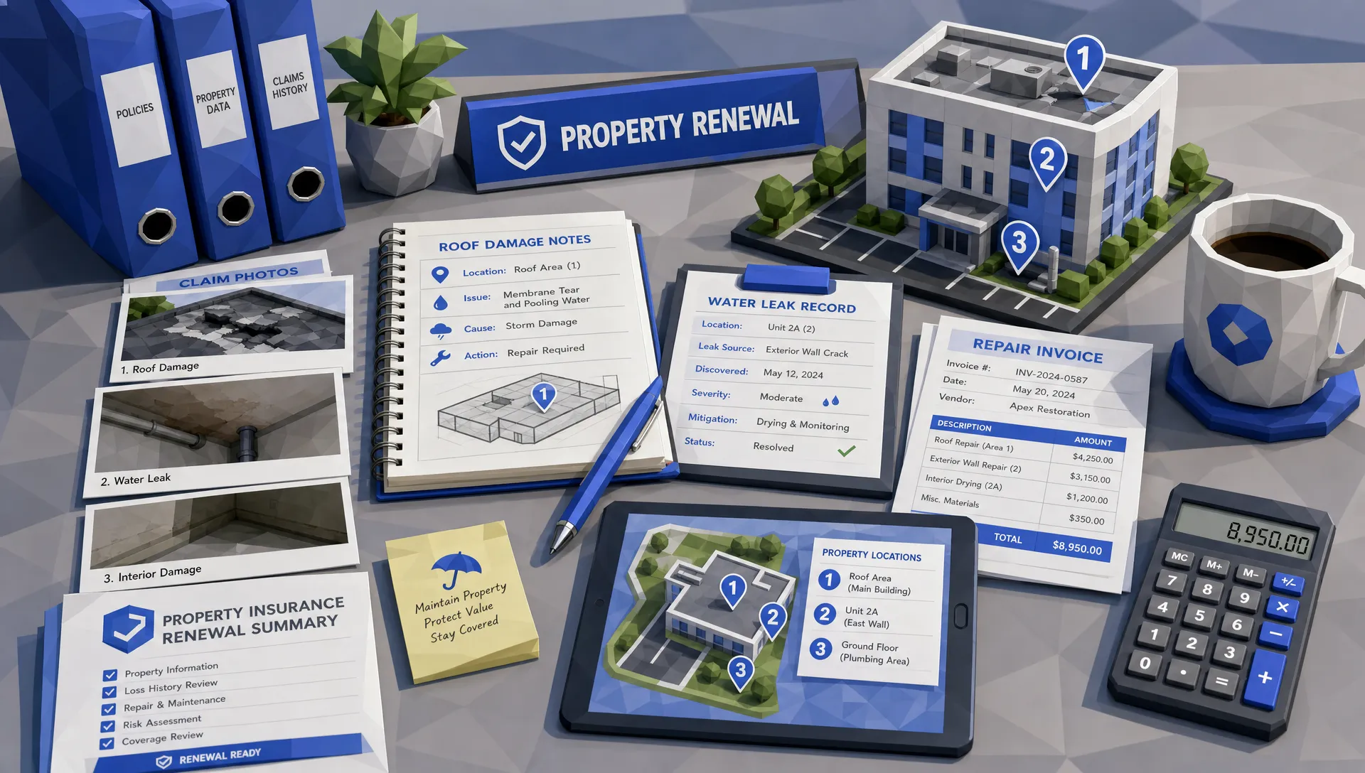 A property renewal desk scene with claim photos, roof damage notes, water leak records, repair invoices, and marked building locations arranged beside a cup of coffee.