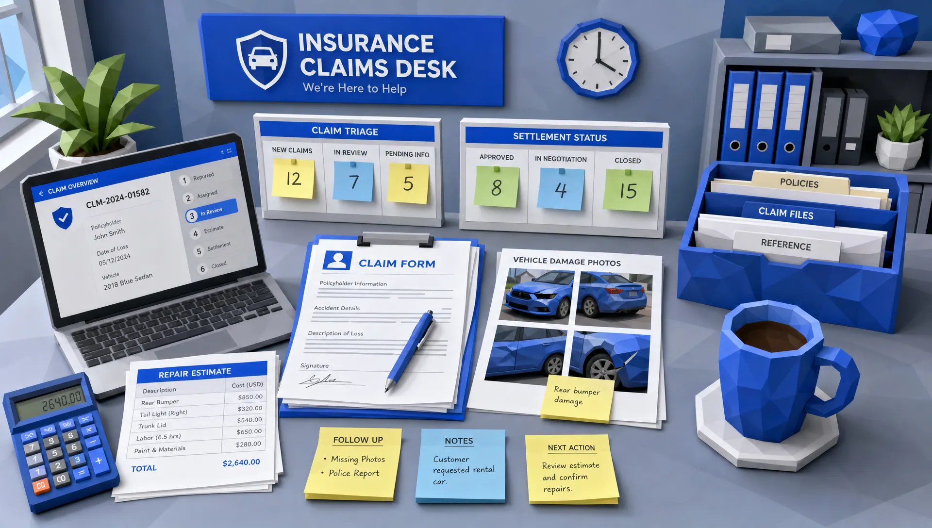 An organized insurance claims desk with claim forms, vehicle damage photos, repair estimates, sticky notes for triage and settlement status, and a cup of coffee beside neatly grouped documents.