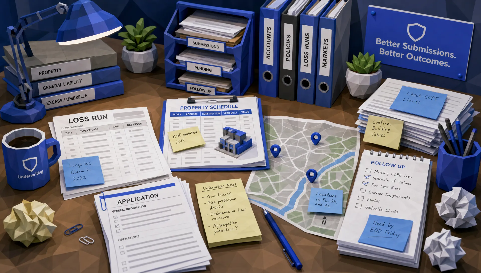 A desk covered with mixed insurance submission documents, including printed loss runs, property schedules, application forms, handwritten notes, and a map with marked locations, showing the messy reality of underwriting files.
