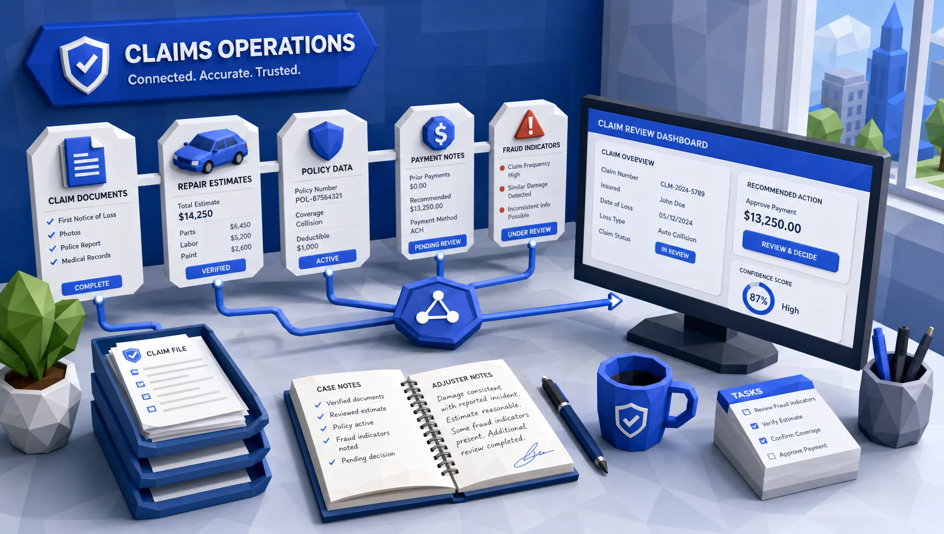 A claims operations desk with organized claim documents, repair estimates, policy data, payment notes, and fraud indicators flowing into one connected workflow for review.