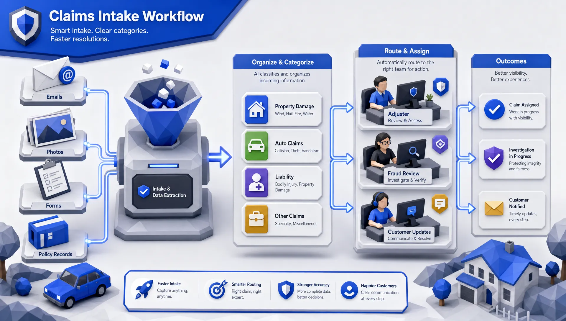 A claims intake workflow showing emails, photos, forms, and policy records being organized into clear claim categories before routing to adjusters, fraud review, and customer updates.
