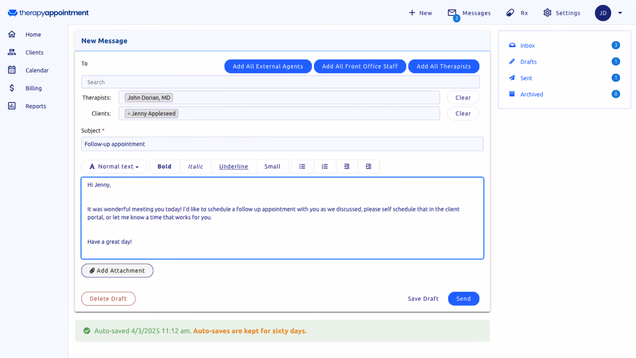 A screenshot of TherapyAppointment's secure client messaging screen in their software.