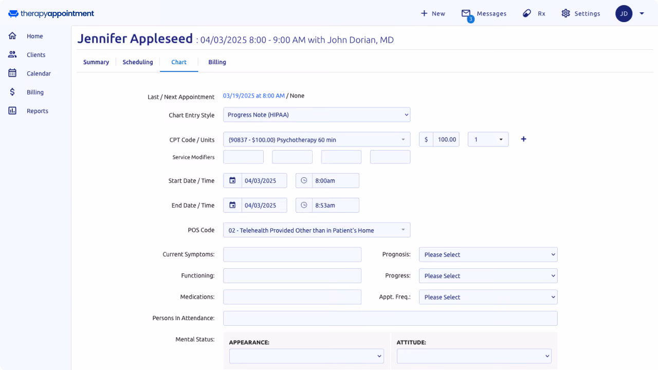 An image of TherapyAppointment's clinical notes dashboard