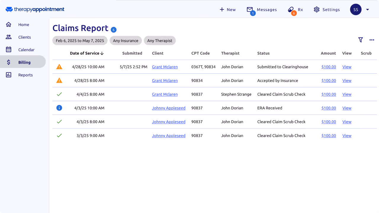 A screenshot of TherapyAppointment's billing software for therapists 