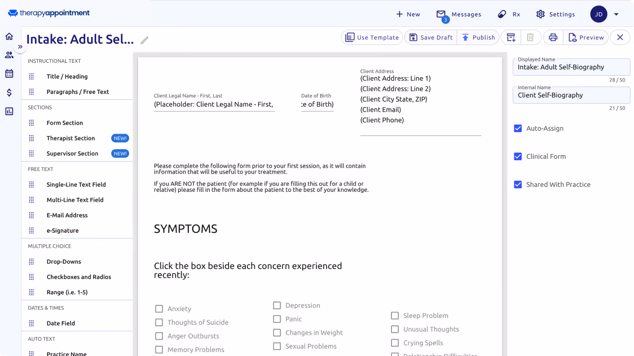 An image of TherapyAppointment's Intake page on it's dashboard.
