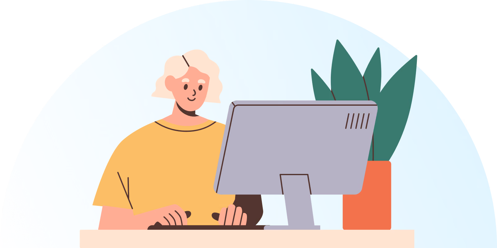 A drawing of a women with short blond hair sitting next to a plant looking at her computer monitor at her desk.