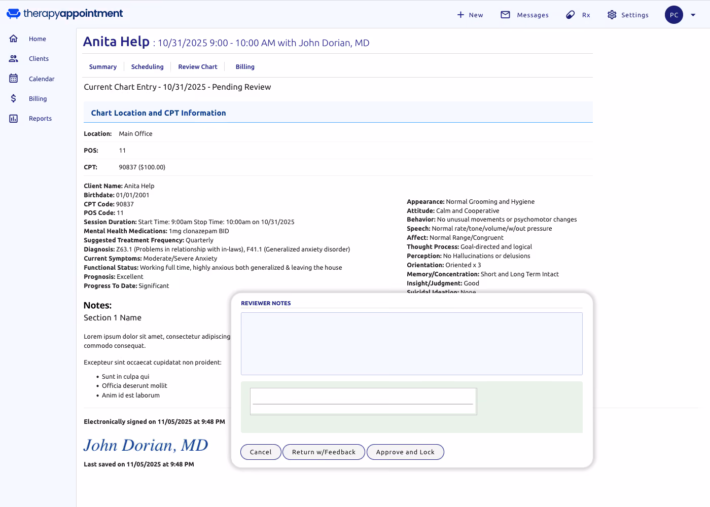 Image of the Charting page in TherapyAppointment's dashboard.
