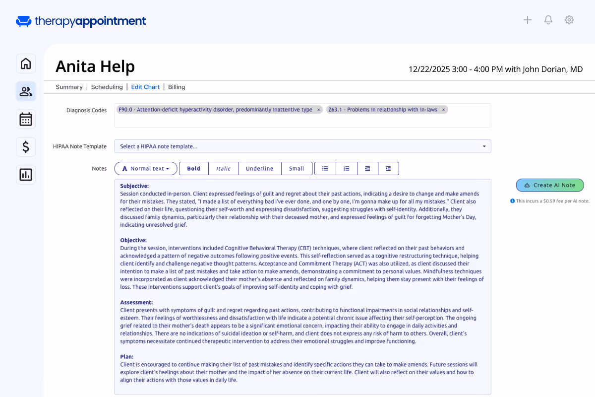 Image of the edit chart page in TherapyAppointment's dashboard.