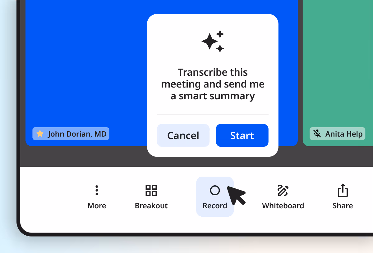 Popup window in a video call interface asking to transcribe the meeting and send a smart summary, with Cancel and Start buttons, and a cursor hovering over Record in the control bar.