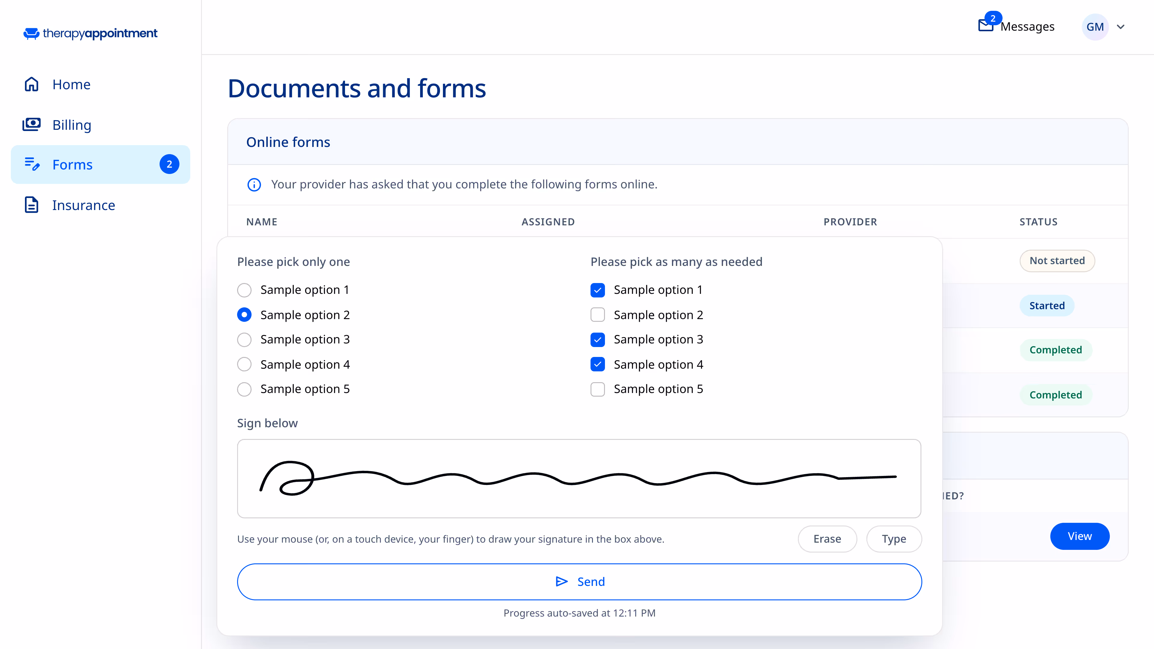 Example of a client documents and forms page in the client portal