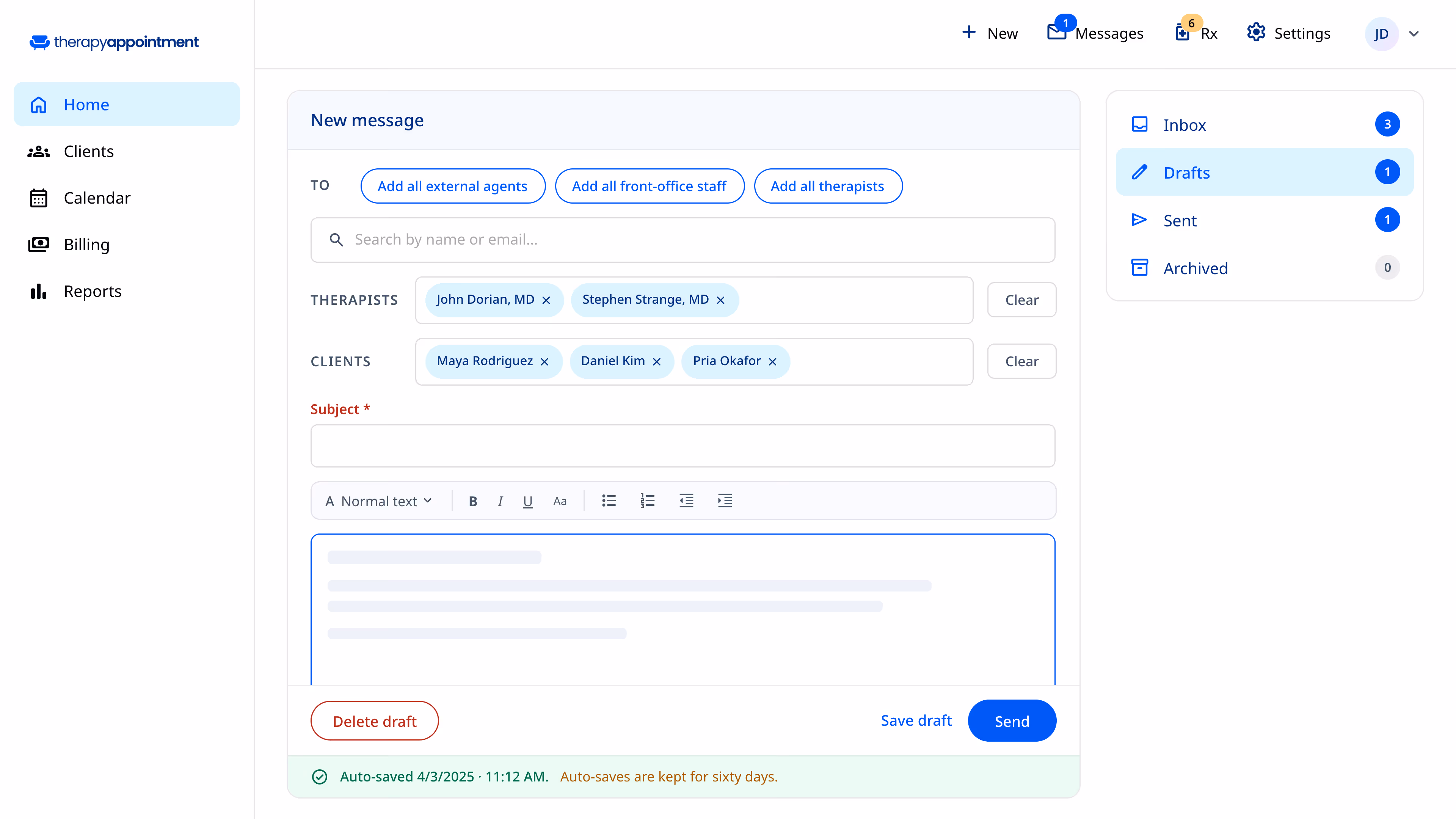 Example of a client writing a new message in the client portal