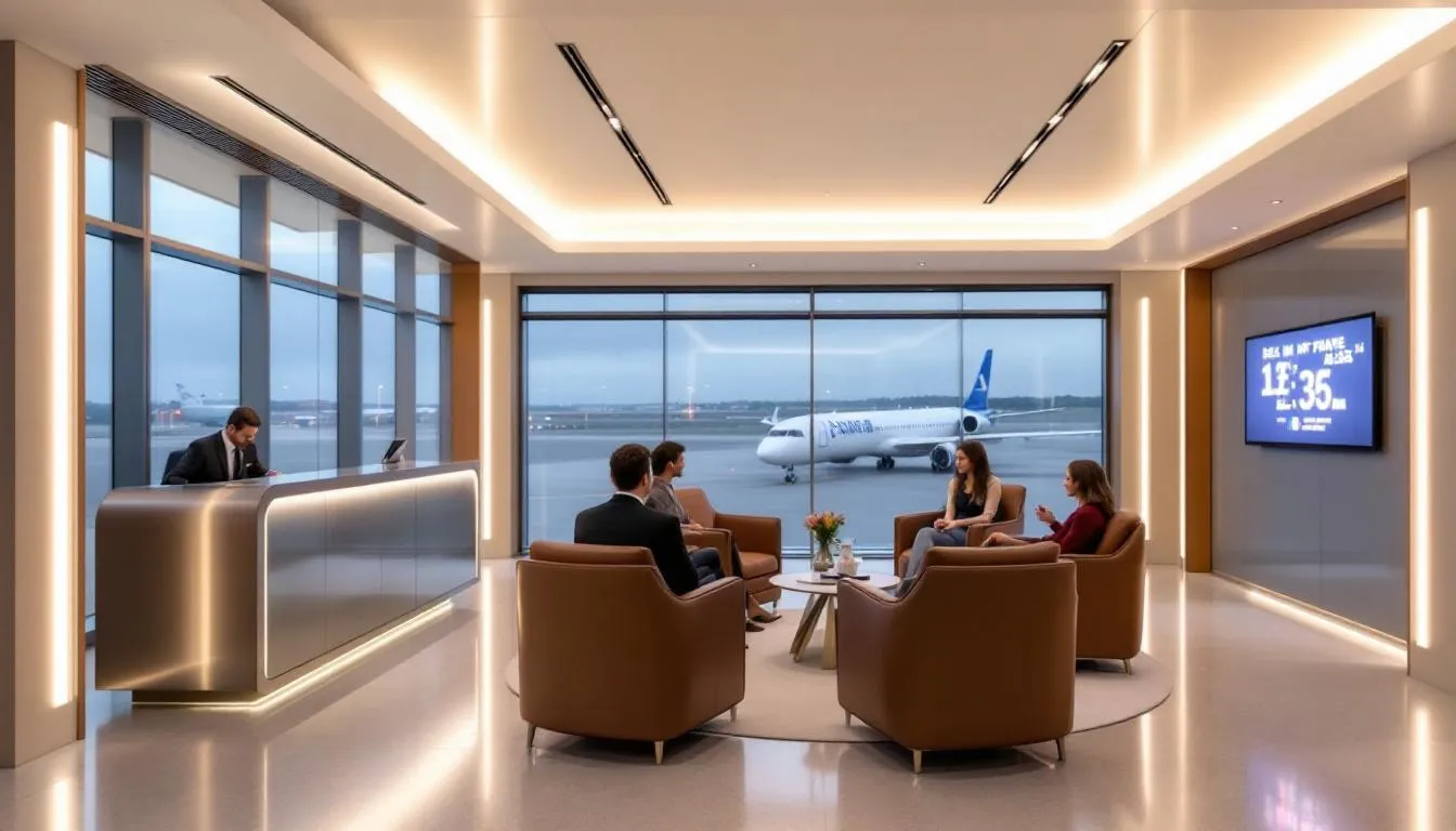 The image depicts a semi-private flight terminal, showcasing a modern and luxurious environment designed for travelers seeking an elevated travel experience. Passengers can enjoy the convenience of private jet charters while relaxing in a comfortable setting, as they prepare for their journey to various destinations, including Dallas and Las Vegas.