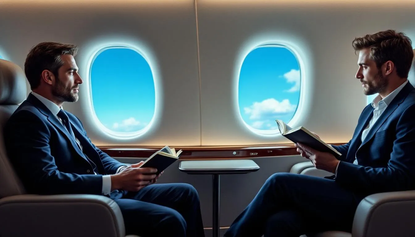 The image depicts a group of private pilots collaborating in a modern office setting, discussing aircraft ownership and the benefits of private aviation plane sharing. They are engaged in planning flight schedules and reviewing listings for premium aircraft, highlighting the flexibility and cost-effectiveness of co-ownership among partners.