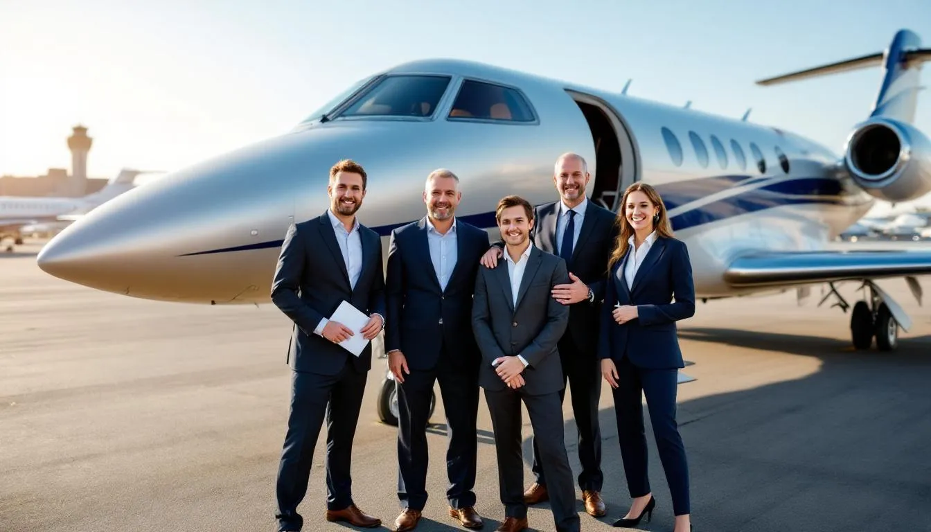 The image depicts a group of private aircraft owners discussing their experiences in private aviation, highlighting the benefits of shared flights and cost-sharing opportunities. They are likely fellow pilots or individuals interested in joining flight sharing platforms to make private flights more affordable and convenient.