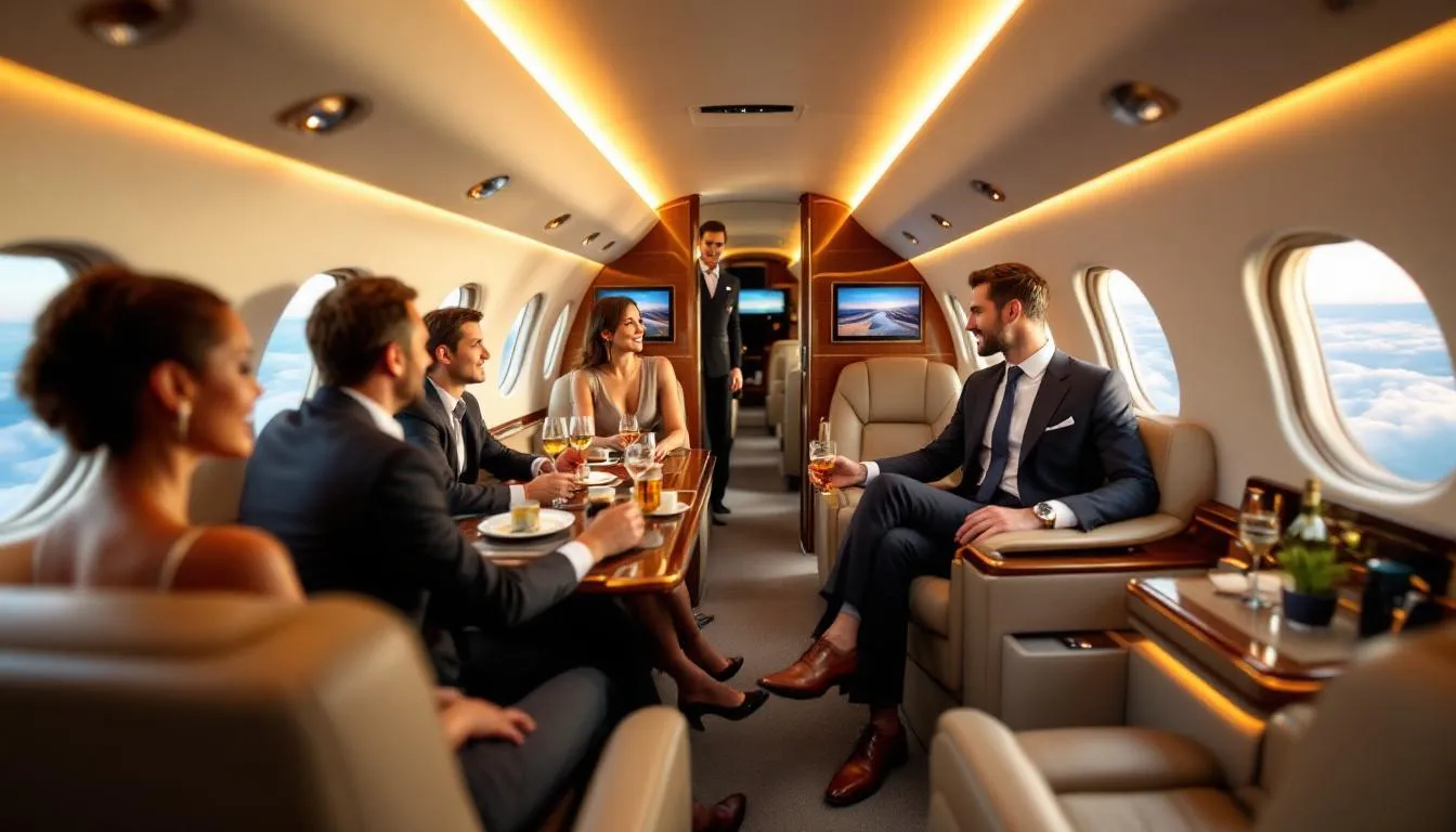 The image depicts a luxurious private jet ready for a ride share flight, showcasing its spacious cabin and sleek design. This semi-private jet flight offers a cost-effective alternative to commercial airlines, providing travelers with a stress-free travel experience and access to exclusive destinations.