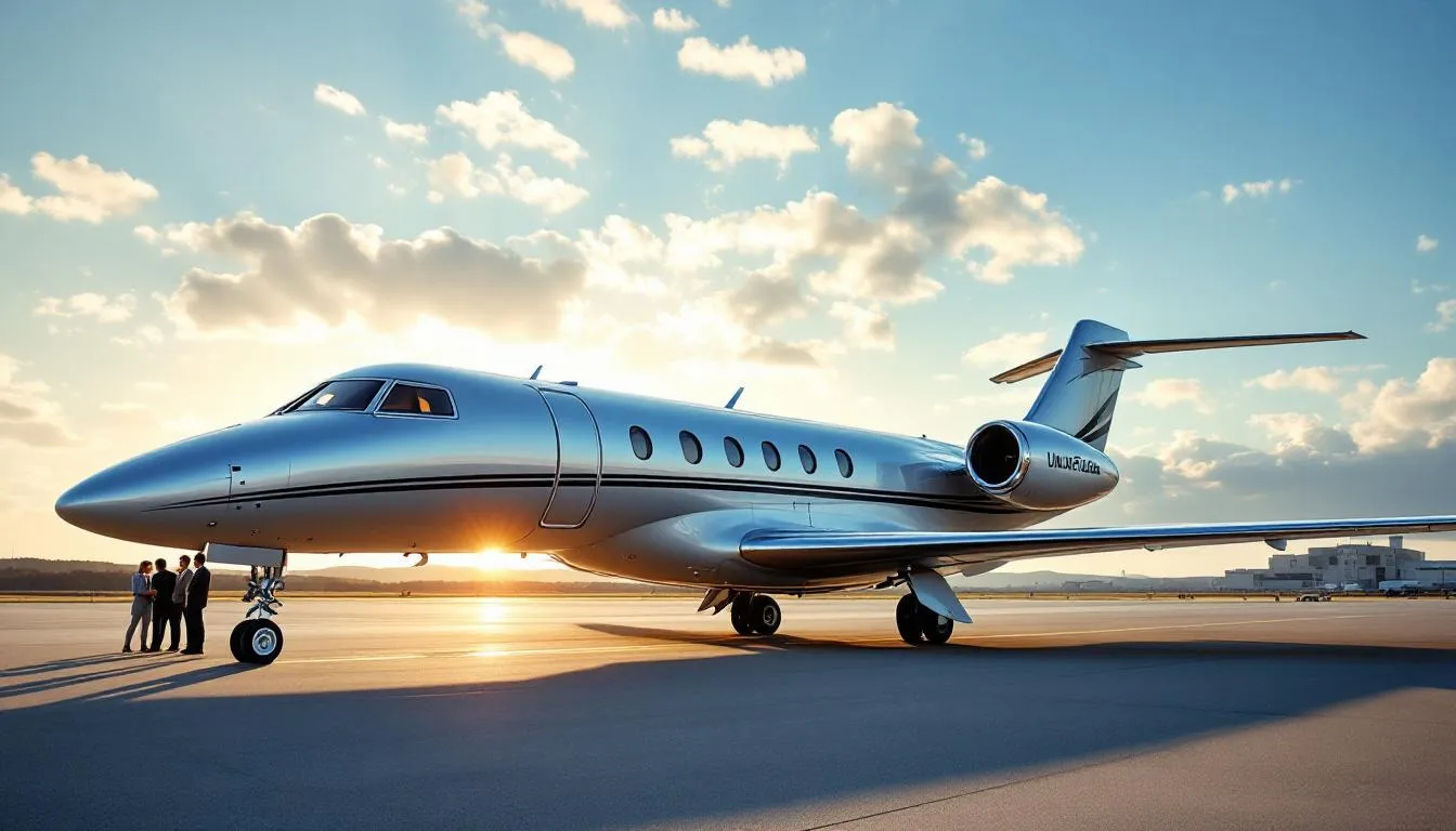 The image depicts a sleek private jet parked at a luxurious airport hangar, showcasing the elegance of private aviation. It highlights the convenience of private jet travel, including options for charter flights and fractional jet ownership, emphasizing the benefits of flying private compared to commercial flights.