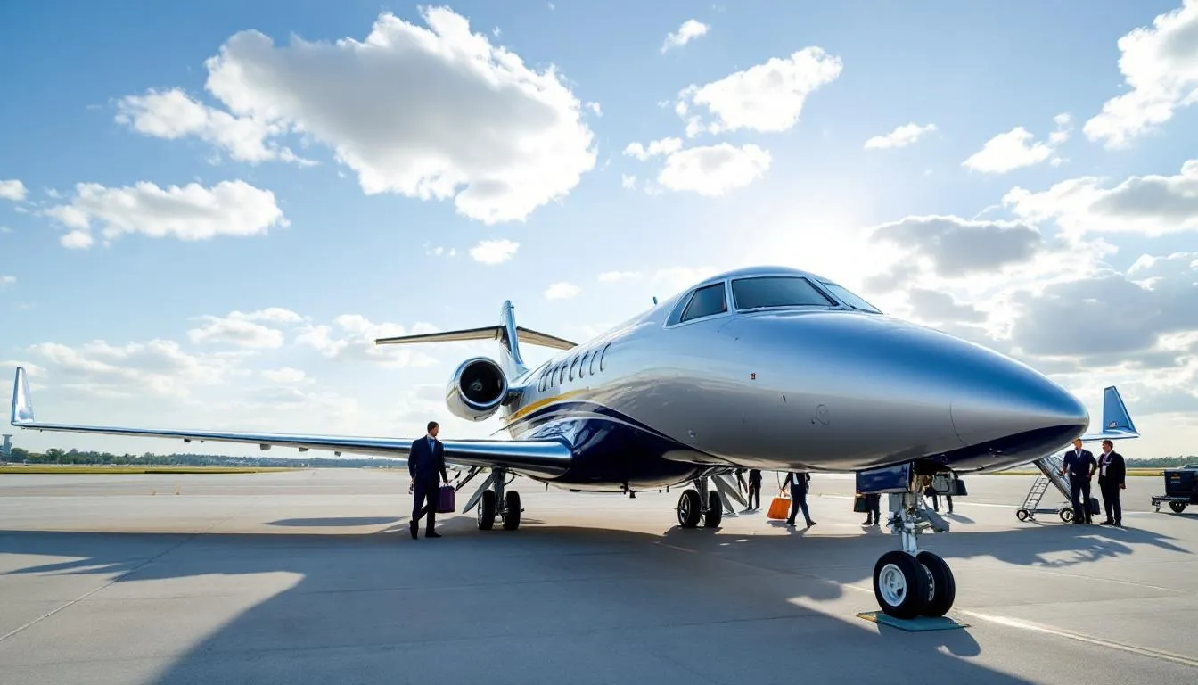 The image depicts a sleek private jet parked on a tarmac, ready for takeoff, showcasing the luxury and convenience of private aviation. This private flight represents the modern technology and operational excellence that define the private aviation industry, providing travelers with a seamless booking experience for their journeys.