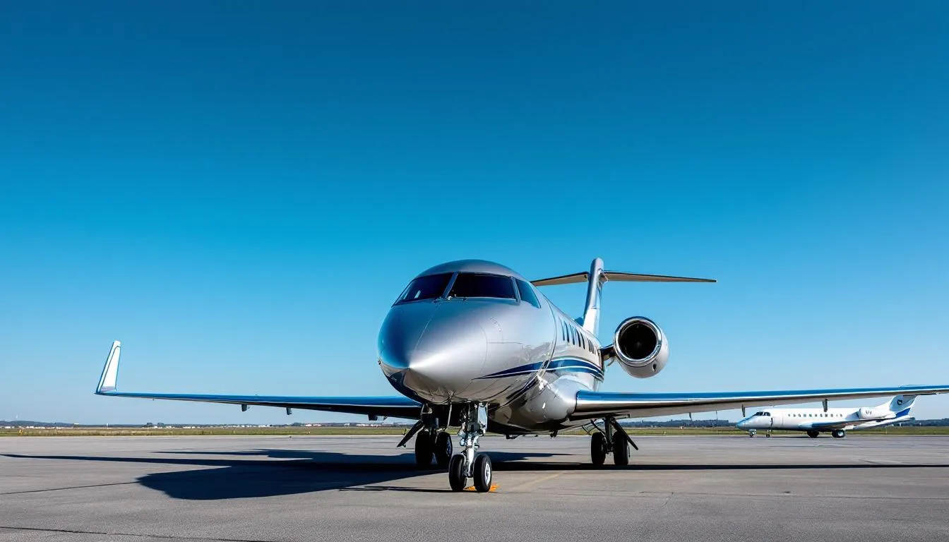 The image depicts a sleek private jet parked on a tarmac, showcasing the luxurious design typical of private aviation. This aircraft represents the high-end services offered by private jet companies, providing guaranteed access and tailored travel solutions for individuals and businesses.