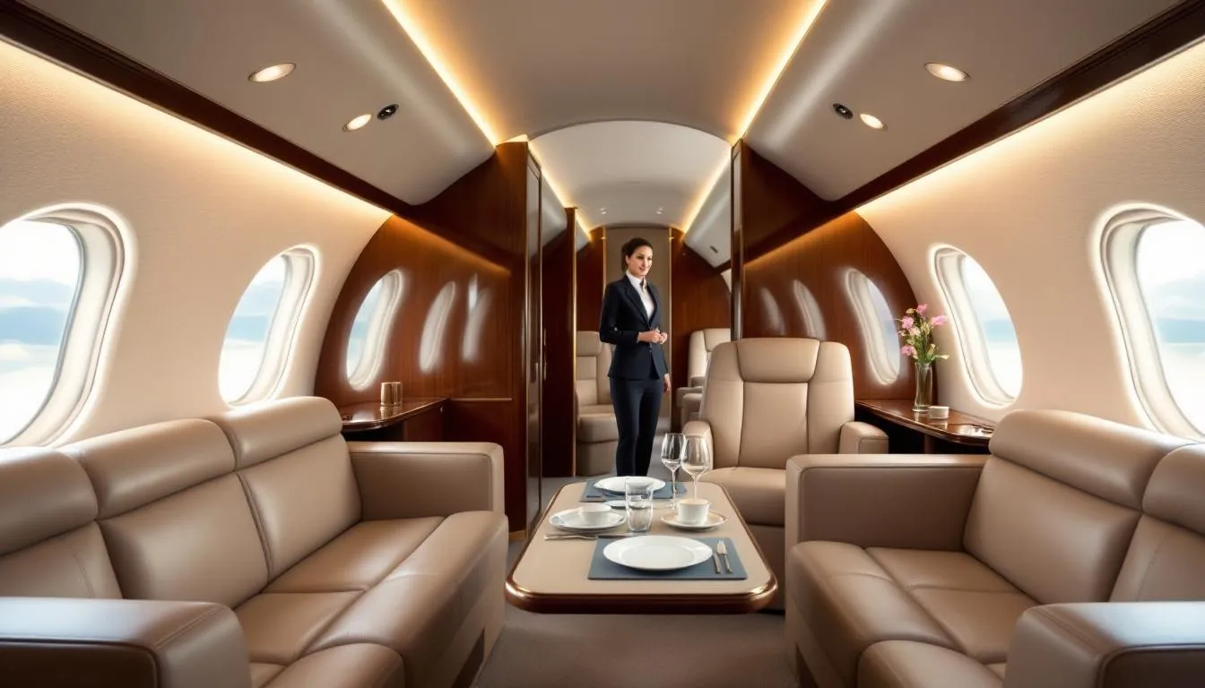 The image depicts a luxurious private jet parked at an airport, symbolizing the appeal of private jet rentals for seamless travel experiences. It highlights the concept of flying private, showcasing the advanced technology and premium amenities that cater to elite travelers seeking comfort and efficiency in their journeys.