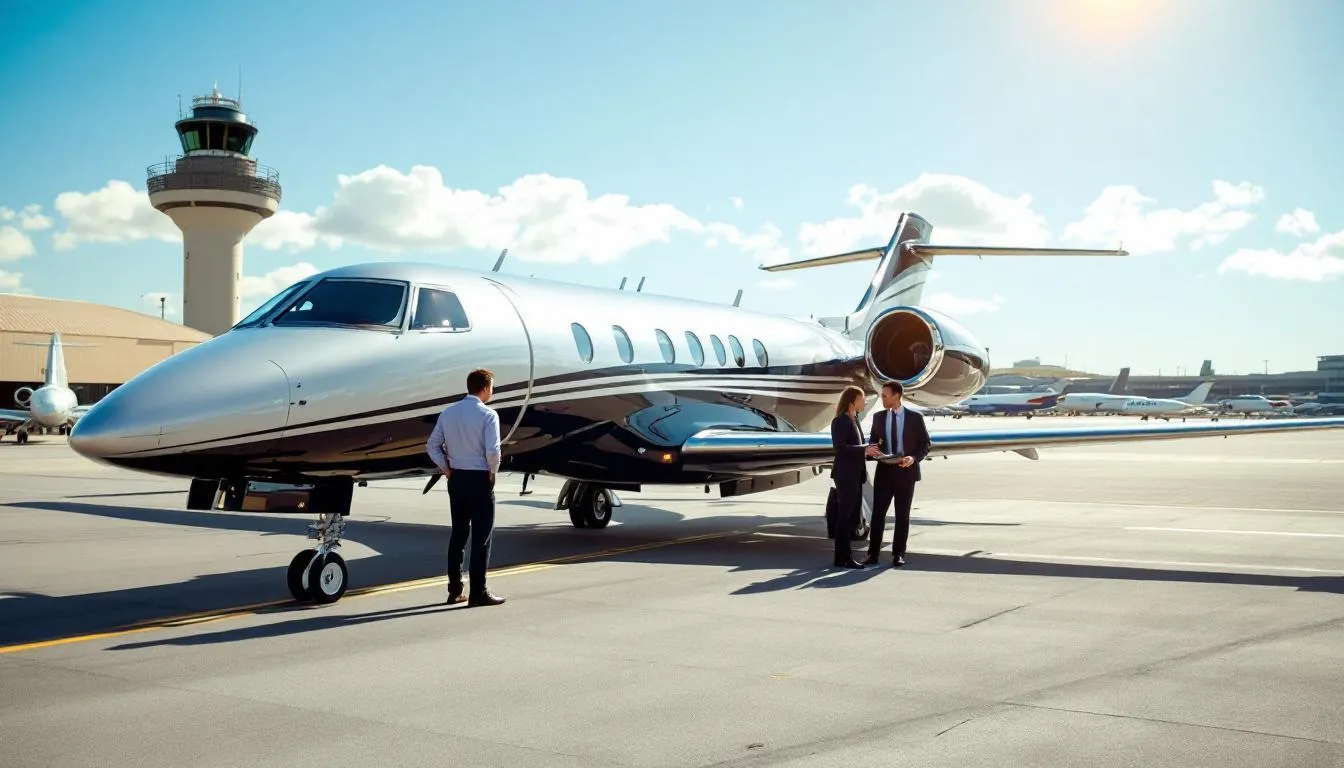 The image illustrates the concept of fractional jet ownership, showcasing a sleek private jet parked at a modern airport. It highlights the benefits of private aviation, including cost savings on private jet ownership costs and the flexibility of private jet rentals for seamless travel experiences.