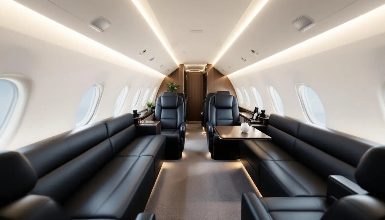 The image depicts the luxurious interior of a private jet, showcasing a spacious cabin designed for comfort and elegance. Passengers can enjoy a premium travel experience with plush seating and modern amenities, highlighting the advantages of private jet travel over commercial flights.